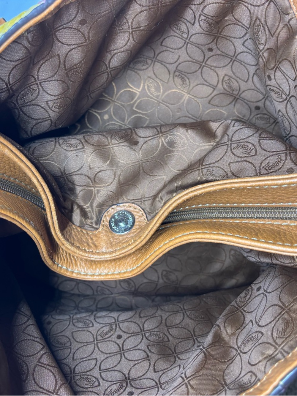 Fossil Multicolor Patchwork Leather Tote Bag - Brown Trim - Picture 4 of 9